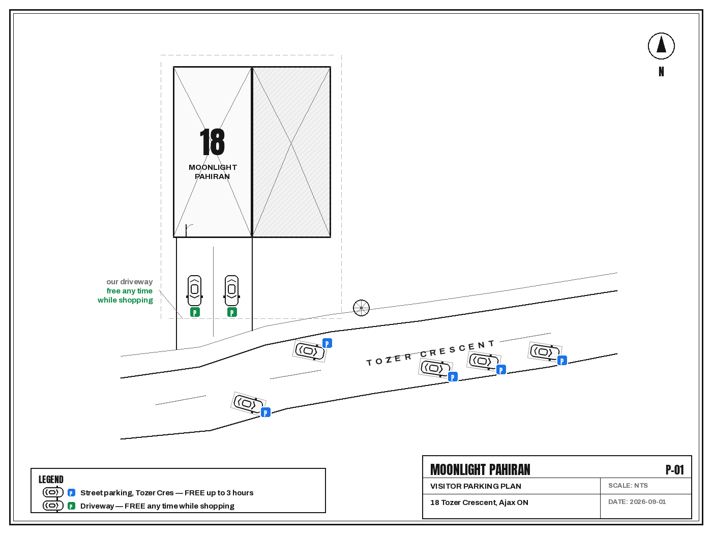 Visitor parking plan for MoonLight Pahiran, 18 Tozer Crescent, Ajax — driveway parking and free 3-hour street parking